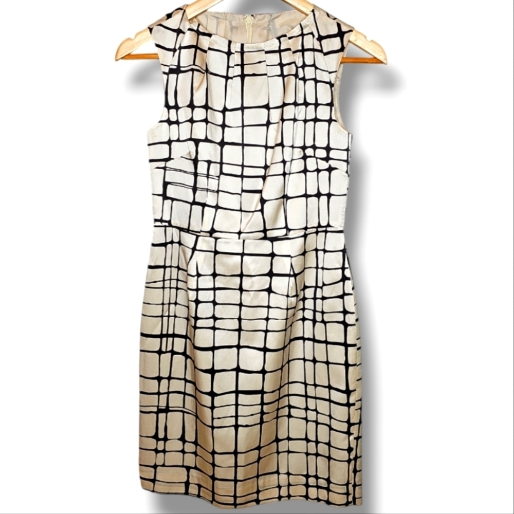 Banana Republic Cream And Brown Pattern Silk Blend Sleeveless Sheeth Dress-SZ 0P